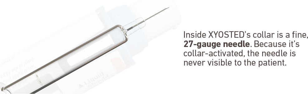 Inside XYOSTED's collar is a fine, 27-gauge needle. Because it's collar activated, the needles is never visible to the patient.